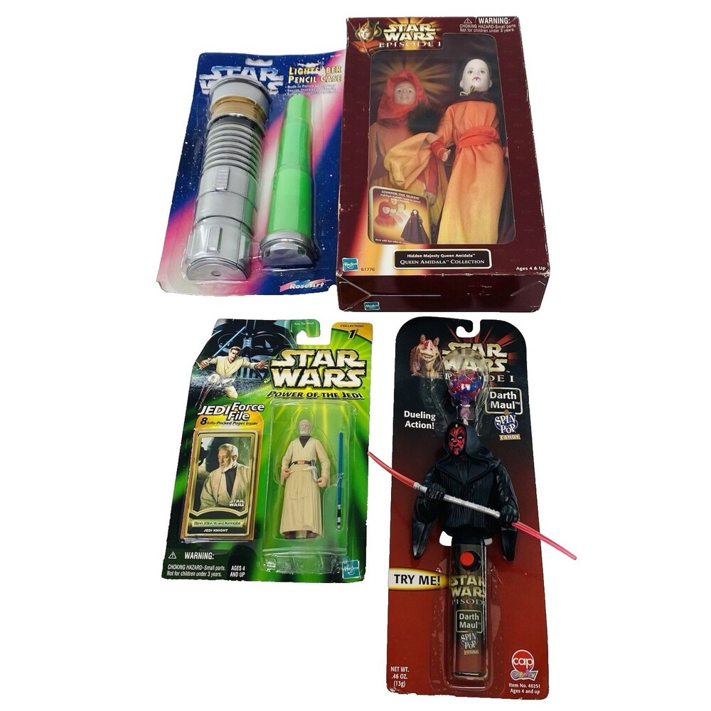 Star Wars Lot Light Saber Pencil Case Queen Amidala Doll Obi-wan Darth Maul